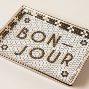 NWT Anthropologie Bistro Tile Bonjour Decorative Stoneware Tray - Black & Gold